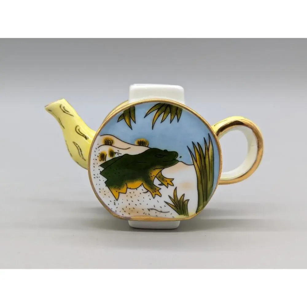 Vivian Chan 2000 Miniature Porcelain Teapot Yellow Green Painted Frog Design